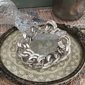 Vintage Signed Monet Chunky Large Wide Panel Chain Link Silver Plated Bracelet